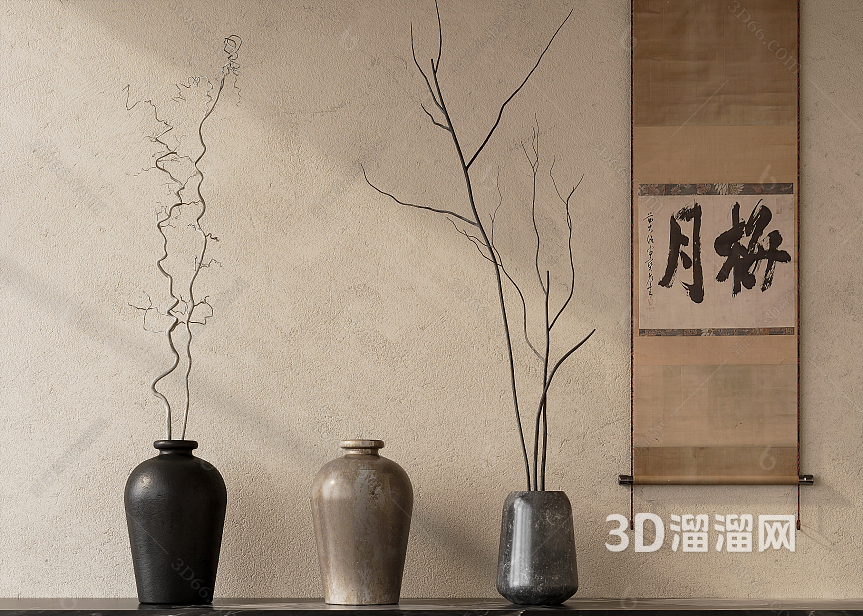 新中式花瓶陶罐干枝花瓶3d模型下载_模型版本：2012及以上-3d溜溜网